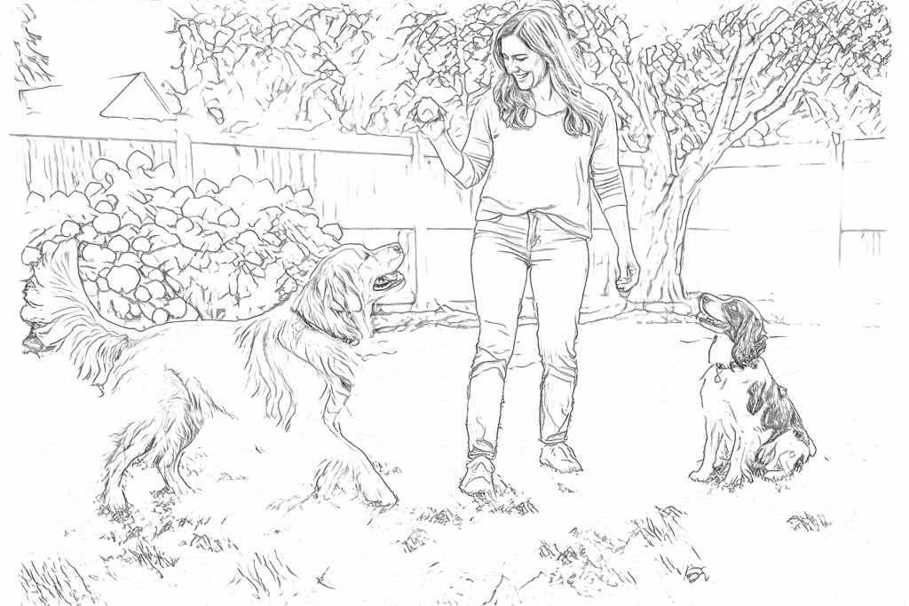 Real Free outlines of the adult and two dogs, with grass, fur and backyard edges
