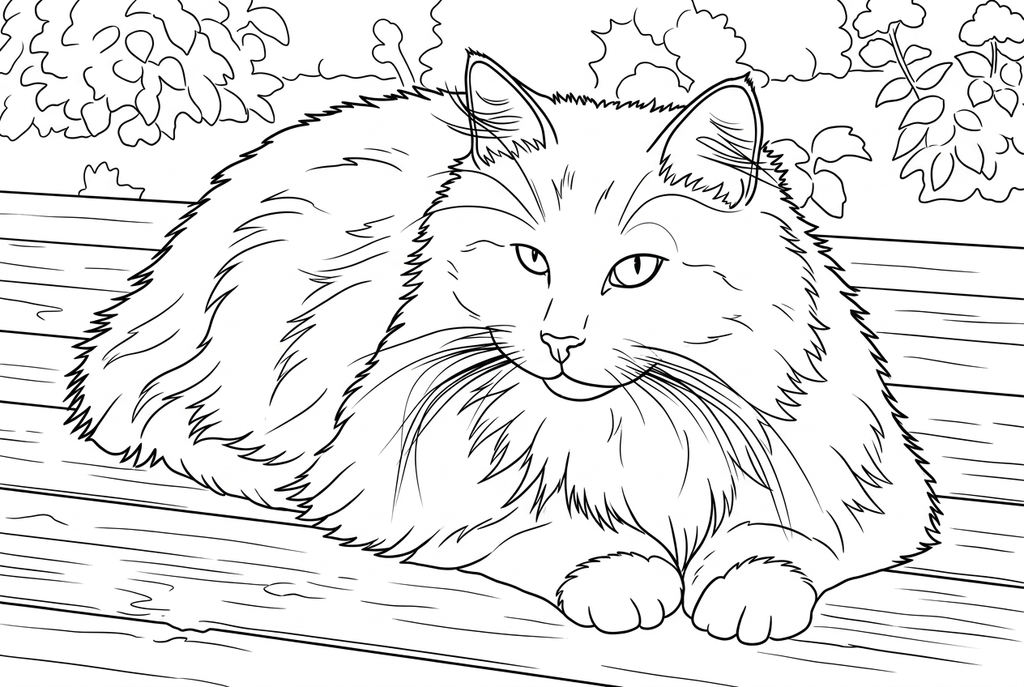 Real Detailed AI drawing of the same resting cat, with more chest tufts and garden leaf marks