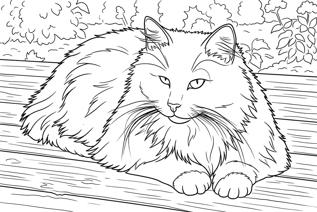 Real AI drawing of the resting cat, with larger fur tufts, two front paws, wooden boards and garden outlines