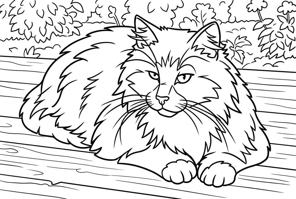 Real comic medium AI drawing of a long-haired cat resting on wooden boards