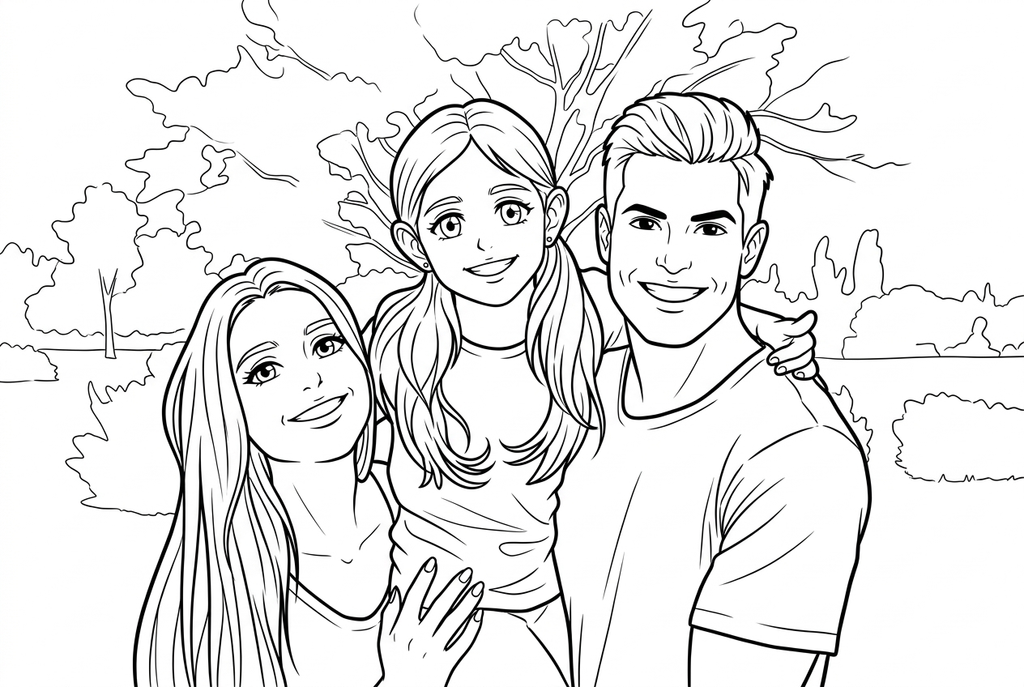 Real anime medium AI drawing of a family of three