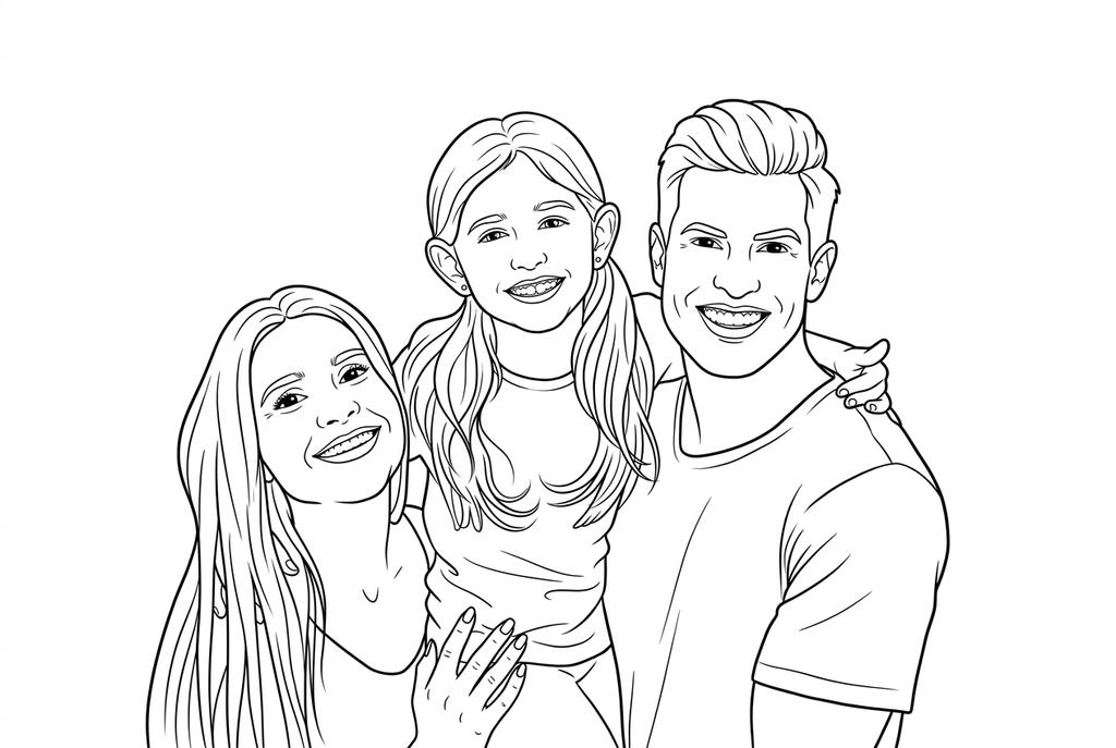 Classic · Medium detail · Bold lines · Simplify background drawing of a family of three