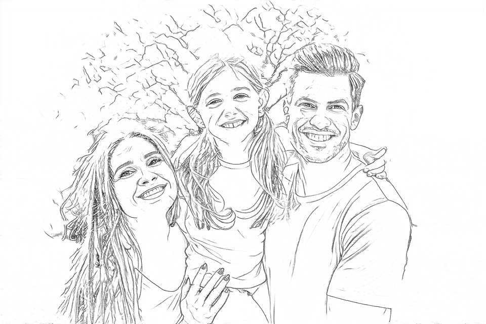 Free outlines of a family of three, including fine texture and background edges