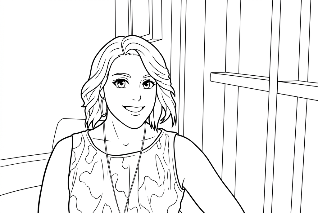 Real anime simple AI drawing of a smiling person seated beside a window