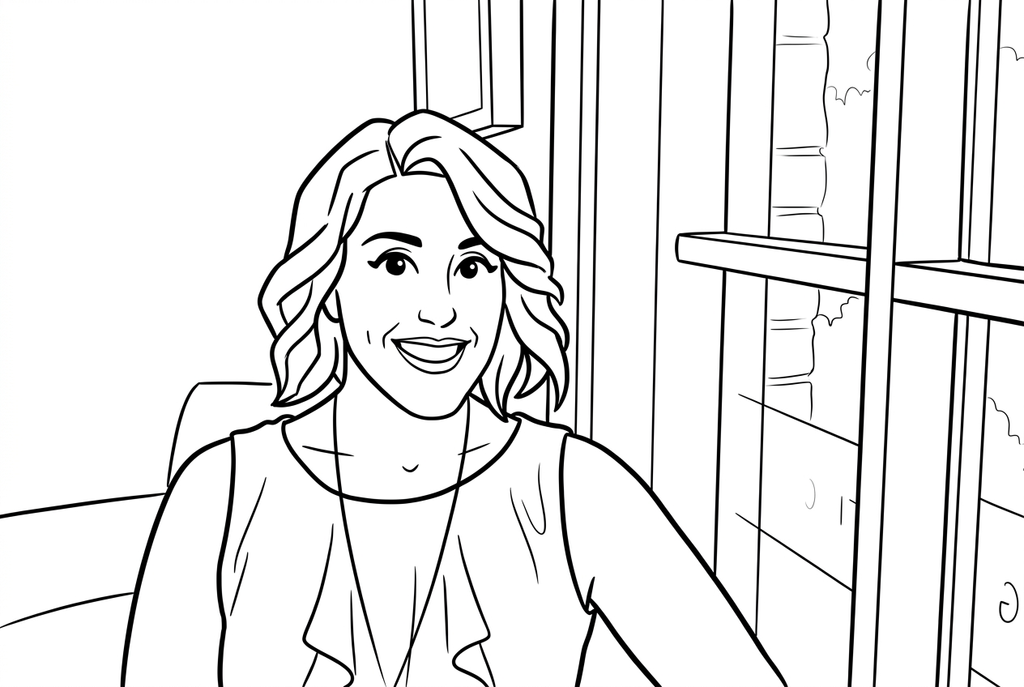 Real comic simple AI drawing of a smiling person seated beside a window