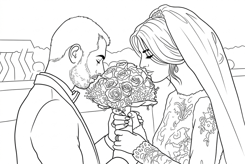Real classic simple AI drawing of a wedding couple