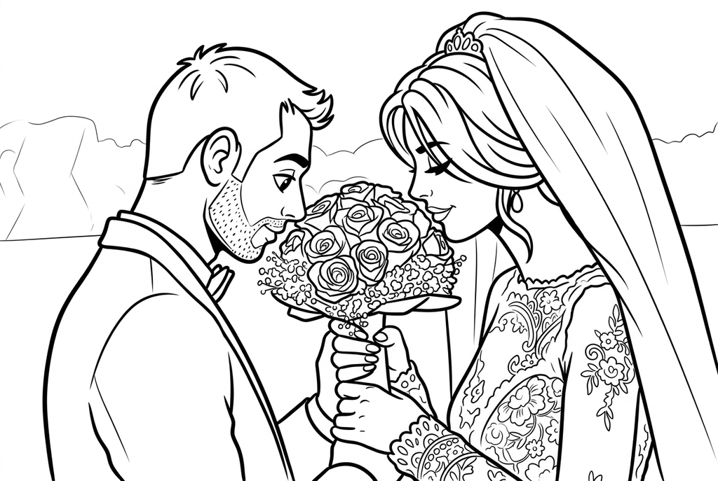 Real comic medium AI drawing of a wedding couple
