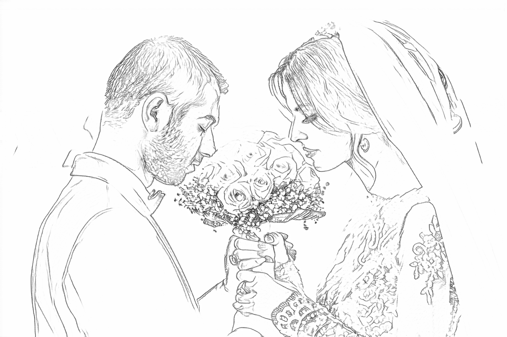Free outlines of a wedding couple, including fine texture and background edges