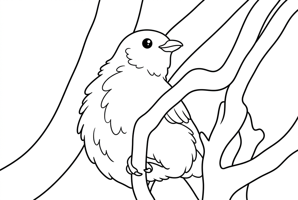 Real kawaii simple AI drawing of a perched bird