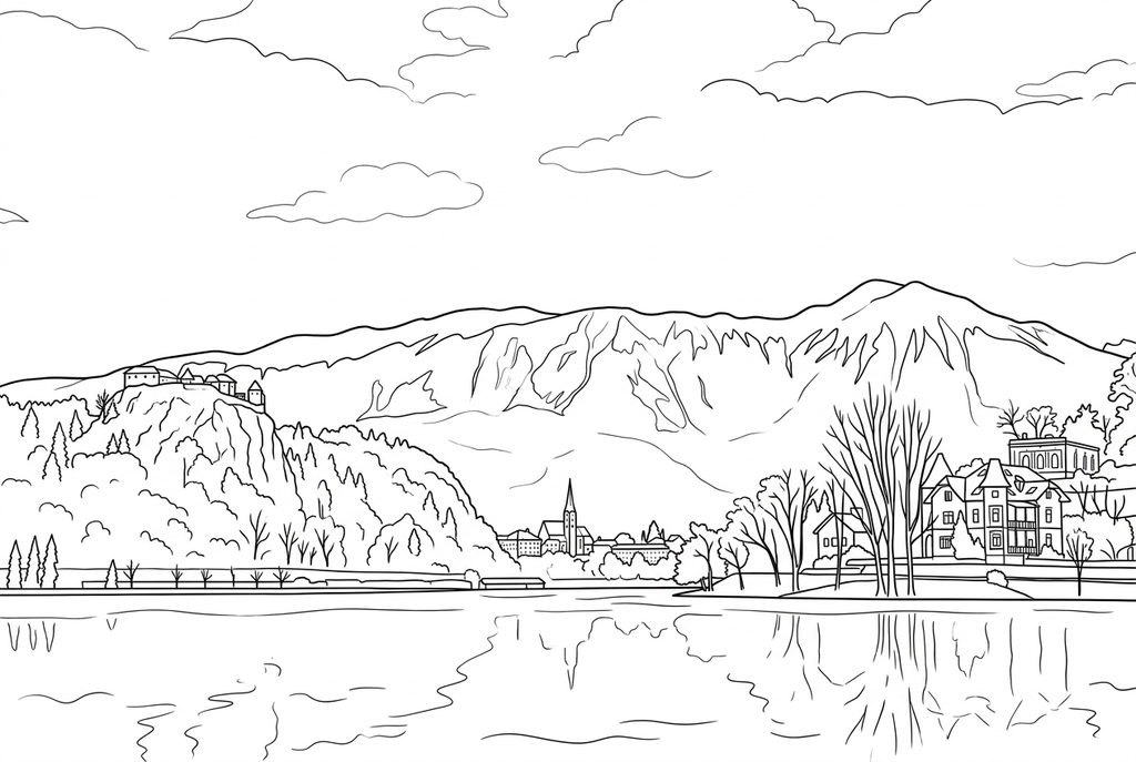AI outlines of a lakeside landscape