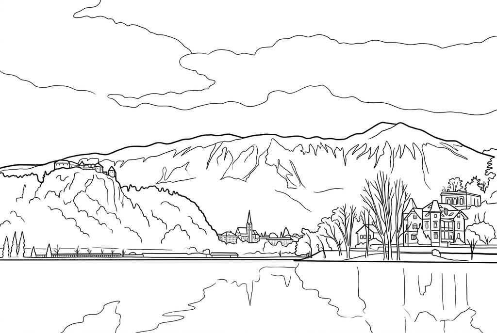 Real classic simple AI drawing of a lakeside landscape