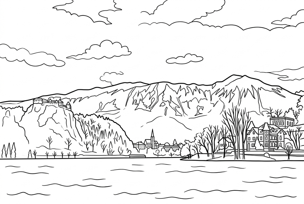 Real Comic AI drawing of a lakeside scene with clear mountain contours and fewer water reflections