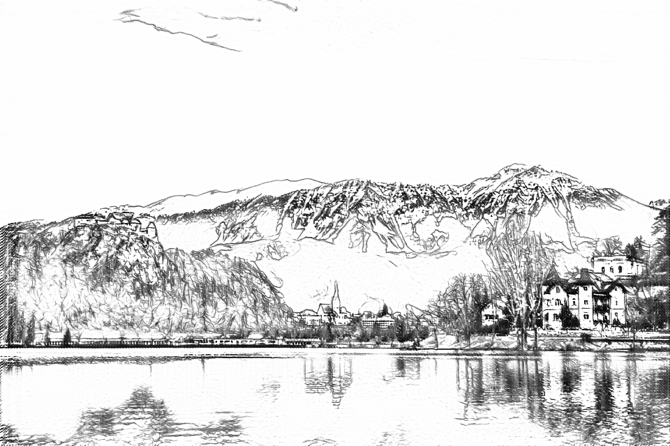 Free outlines of a lakeside landscape, including fine texture and background edges