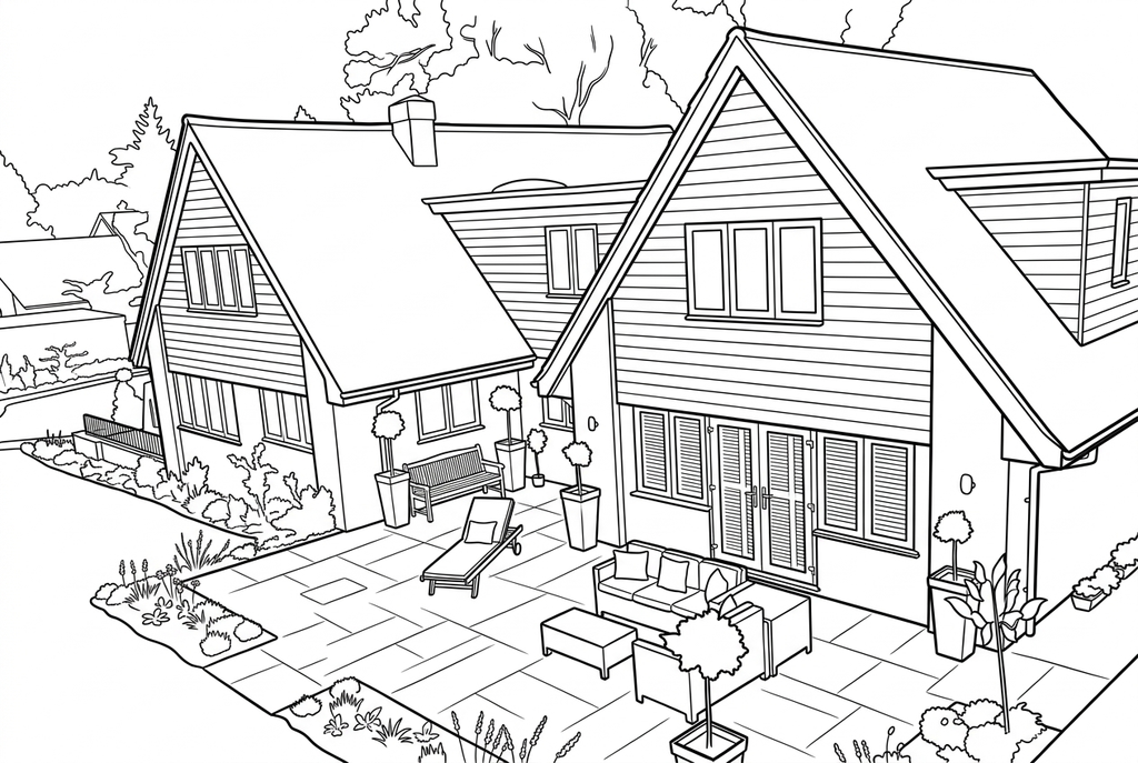 Real Simple AI drawing of a house and courtyard with open roof areas and bold outer contours
