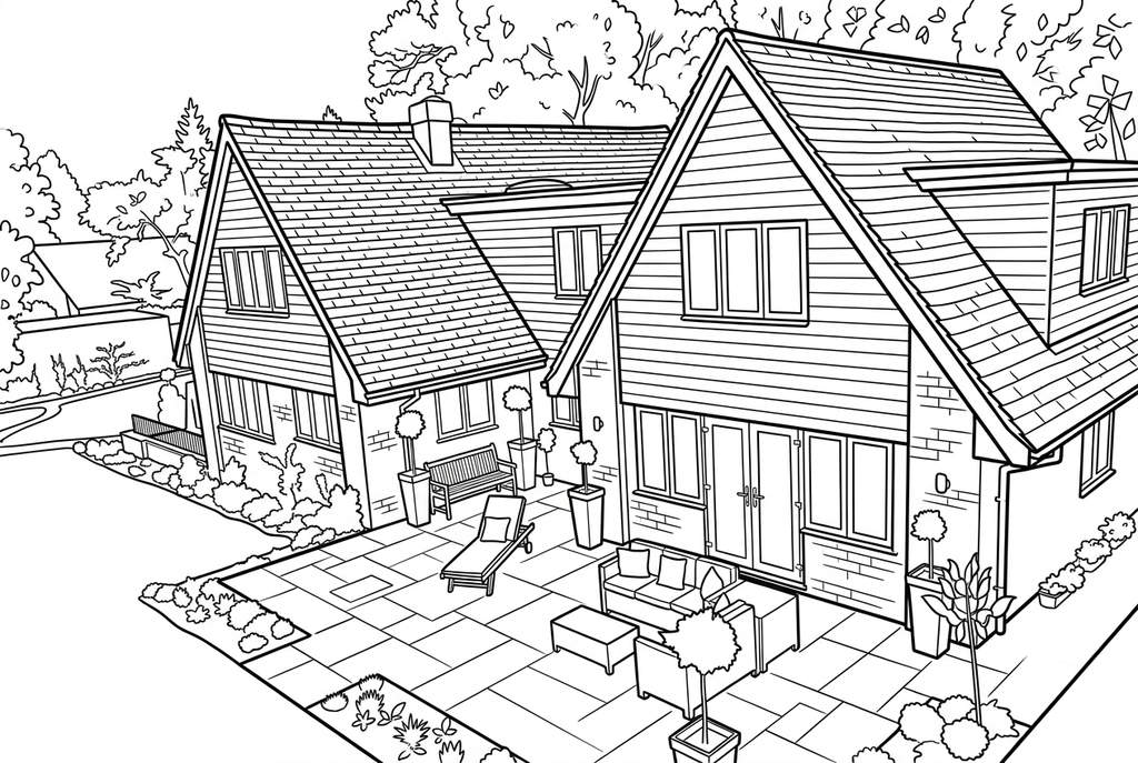 Real comic medium AI drawing of a house and courtyard