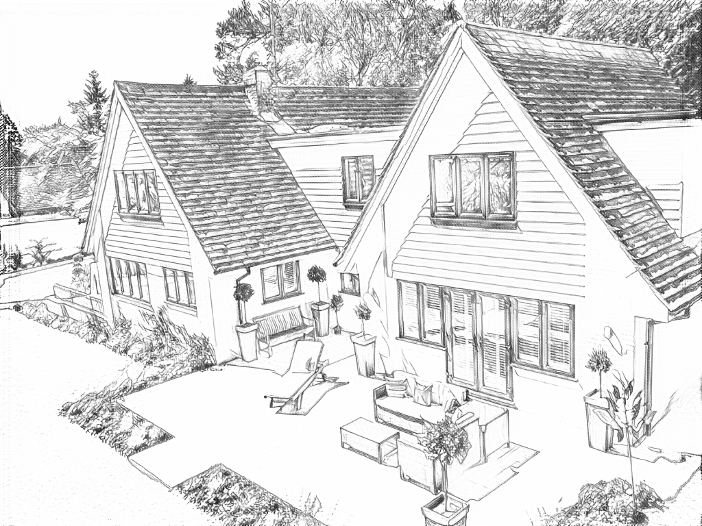 Free outlines of a house and courtyard, including fine texture and background edges