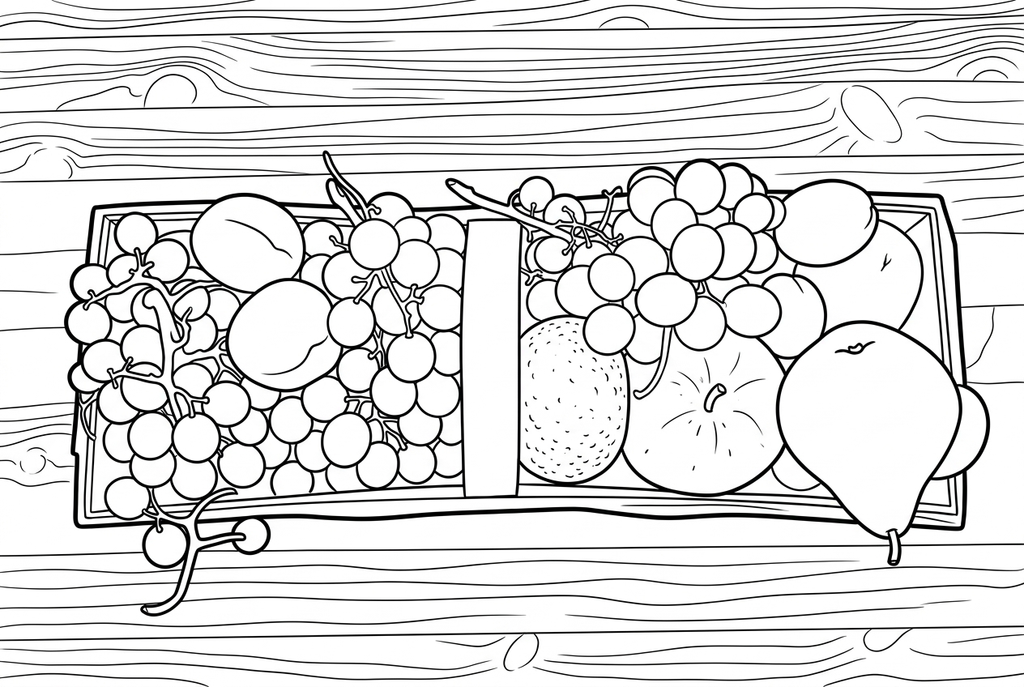 Classic · Simple detail · Bold lines · Keep background drawing of a mixed fruit basket