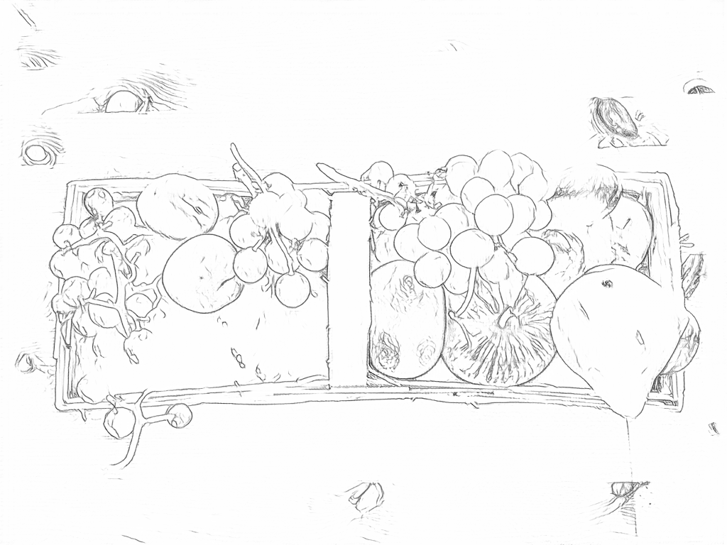 Free outlines of a mixed fruit basket, including fine texture and background edges