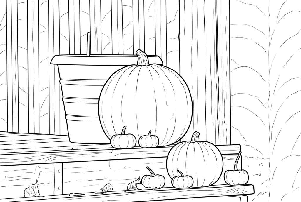 Classic · Detailed detail · Bold lines · Keep background drawing of porch pumpkins