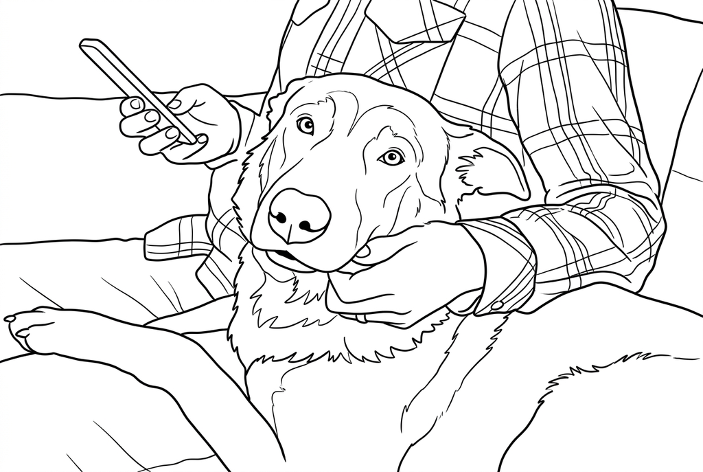 AI redraw of a dog held by a person wearing a checked shirt