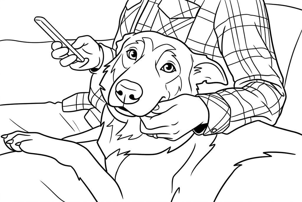comic AI redraw of a dog held by a person wearing a checked shirt