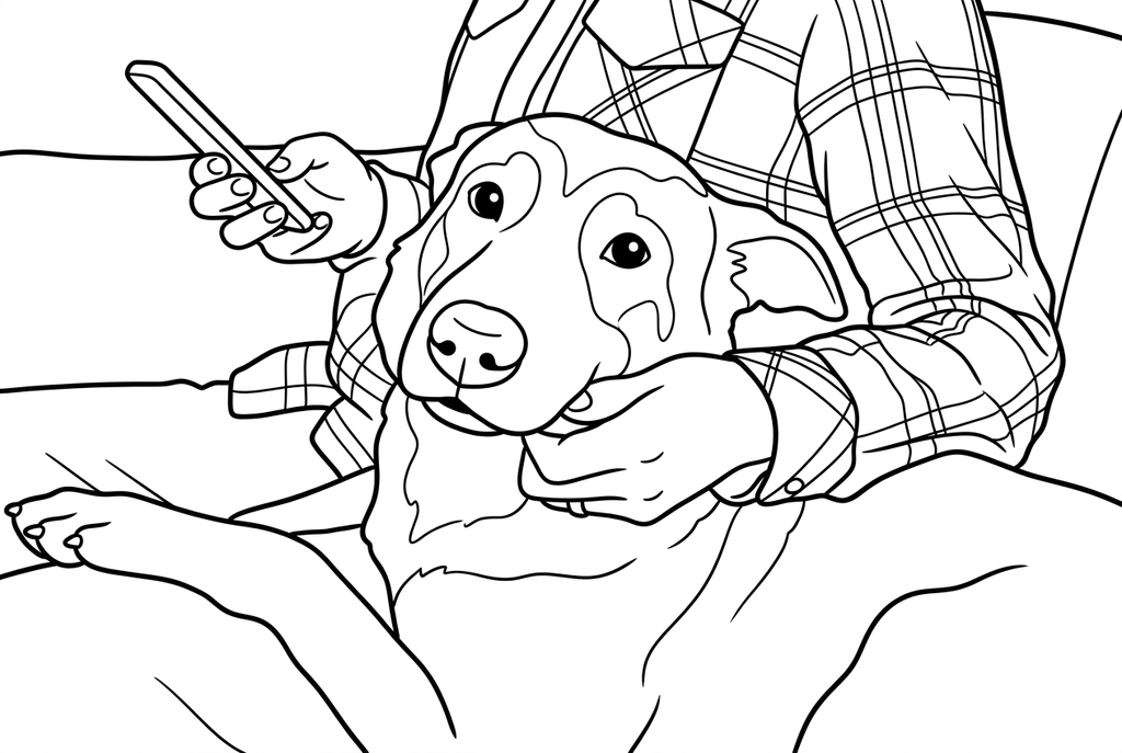 kawaii AI redraw of a dog held by a person wearing a checked shirt