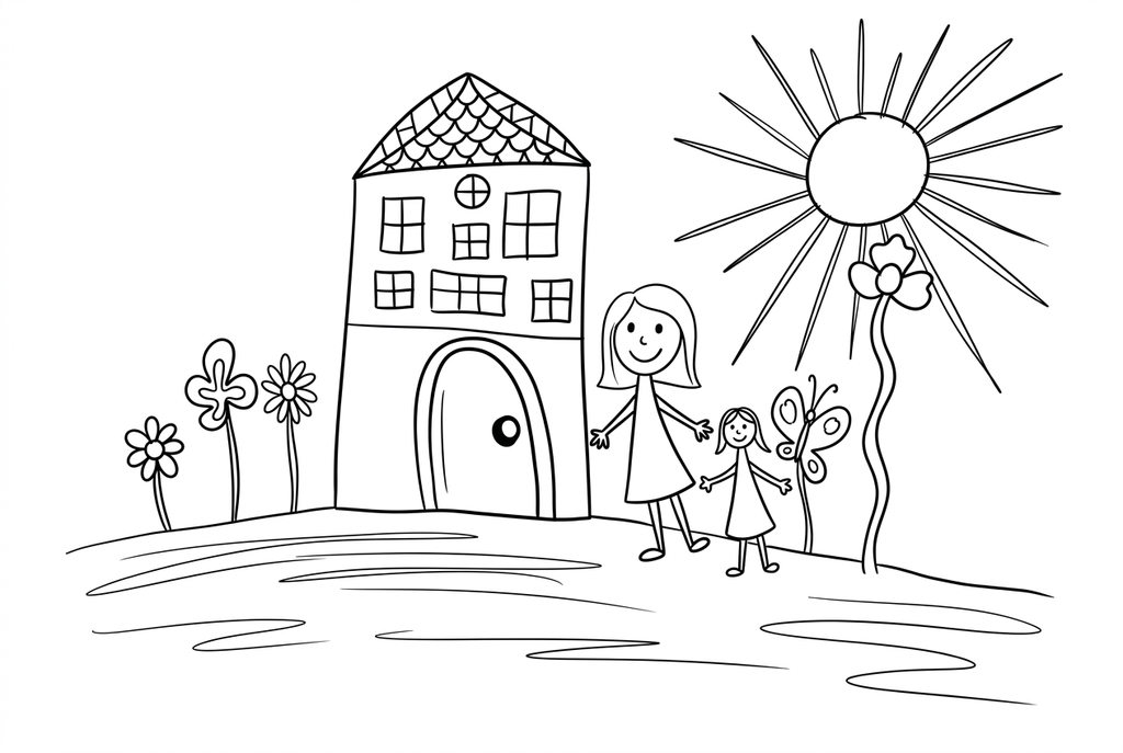 AI redraw of a paper drawing, with a house, a sun, two people, flowers and a butterfly