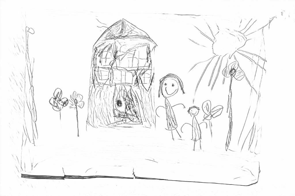 Free outlines of a paper drawing of a house, a sun, two people and flowers