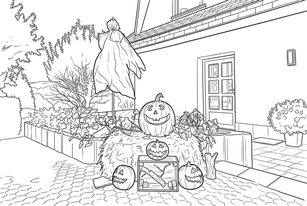 AI drawing of the ghost, four carved pumpkins, hay bale, crate, house and garden