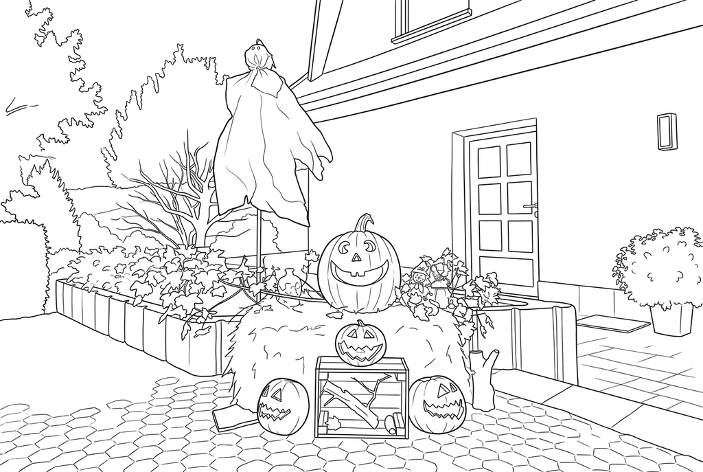 AI drawing of the ghost, four carved pumpkins, hay bale, crate, house and garden