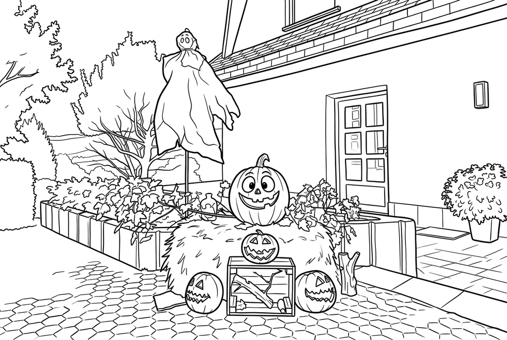 AI drawing of the ghost, four carved pumpkins, hay bale, crate, house and garden