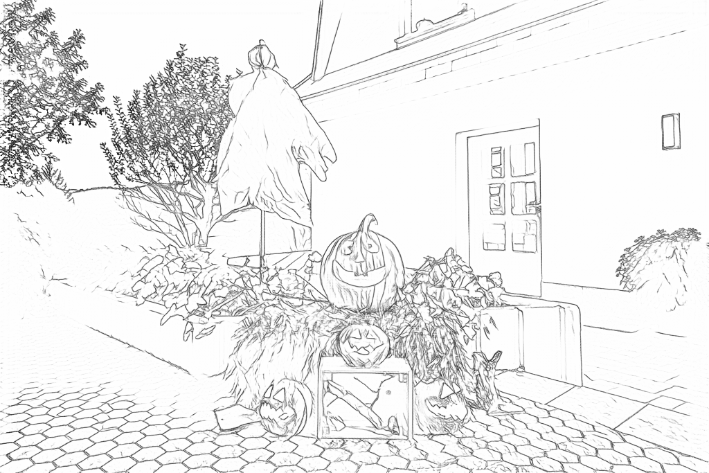 Free outlines of the ghost, four pumpkins, hay, foliage and porch, with faint areas and fine texture