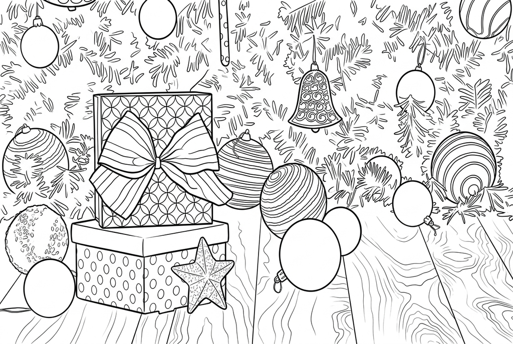 AI drawing of two gift boxes, a bow, baubles, a bell and a star against tree branches