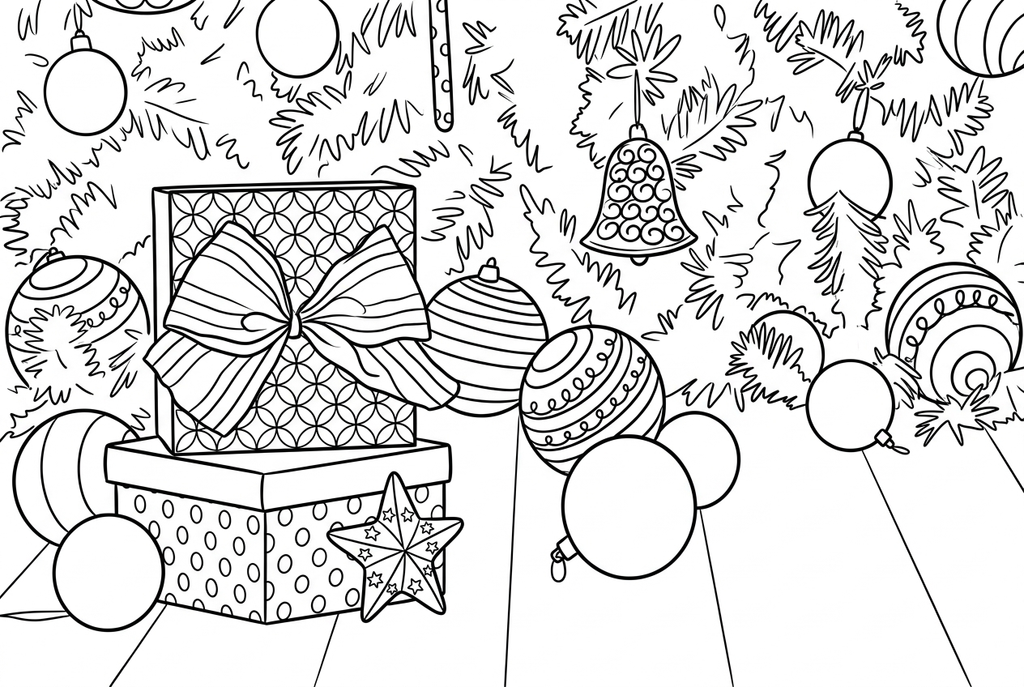AI drawing of two gift boxes, a bow, baubles, a bell and a star against tree branches