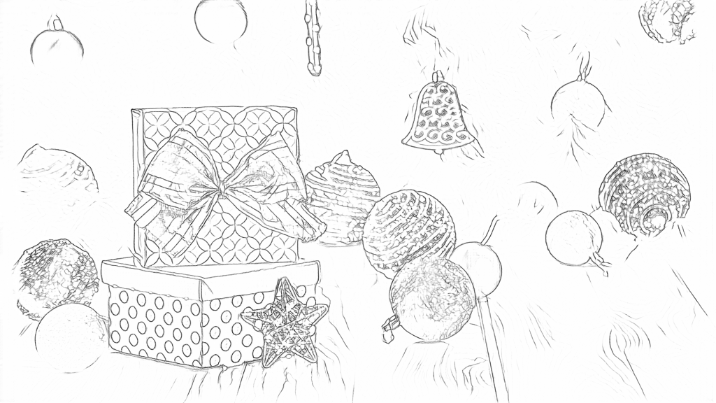 Free outlines of Christmas gift boxes and ornaments, with faint reflective baubles and branches