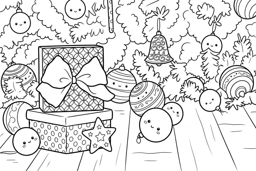 AI drawing of two gift boxes, a bow, baubles, a bell and a star against tree branches