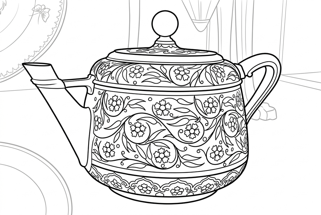 AI redraw of a floral enamel teapot with a lid, a left spout and a right handle