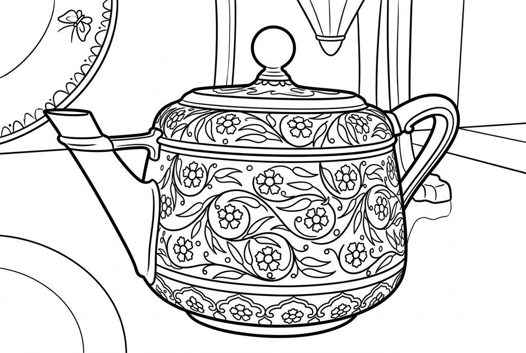 comic AI redraw of a floral enamel teapot with a lid, a left spout and a right handle