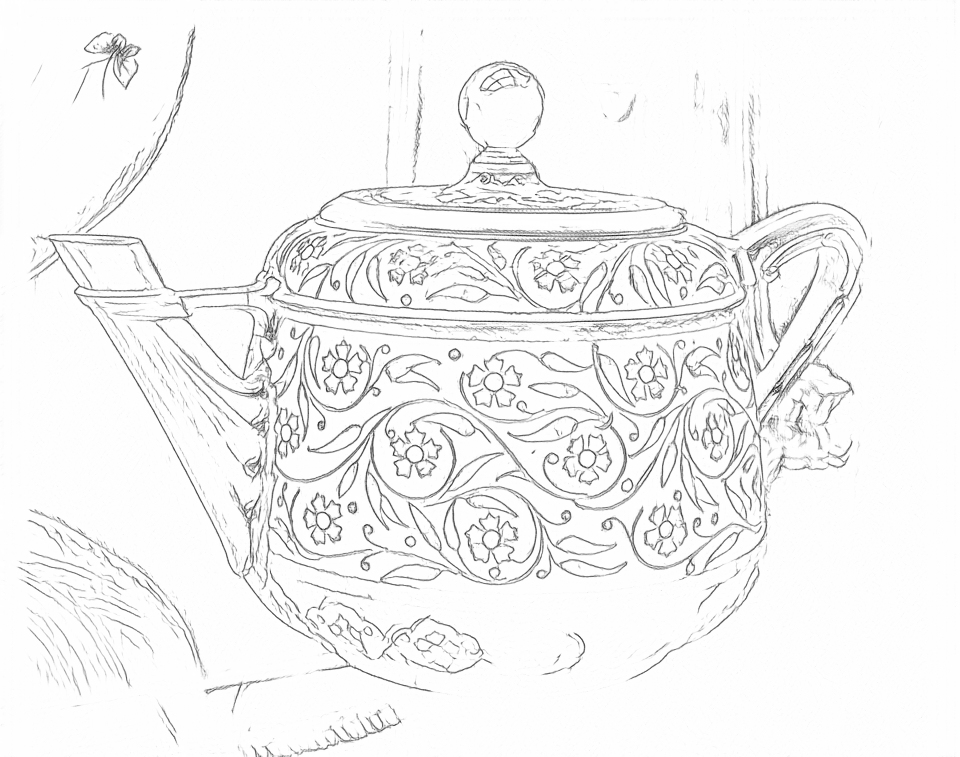 Free outlines of a floral enamel teapot with a lid, a left spout and a right handle