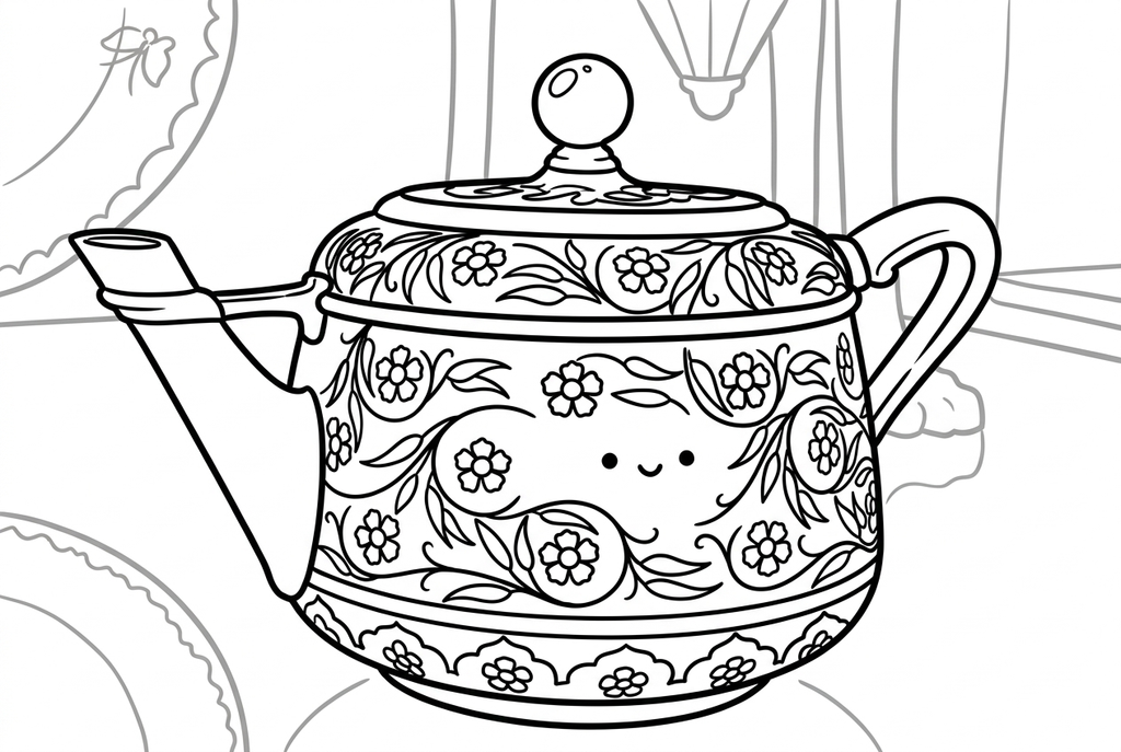 kawaii AI redraw of a floral enamel teapot with a lid, a left spout and a right handle