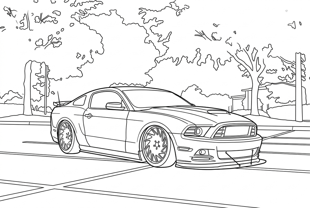 Real AI coloring drawing with a clear car body, two visible wheels, trees and parking lines