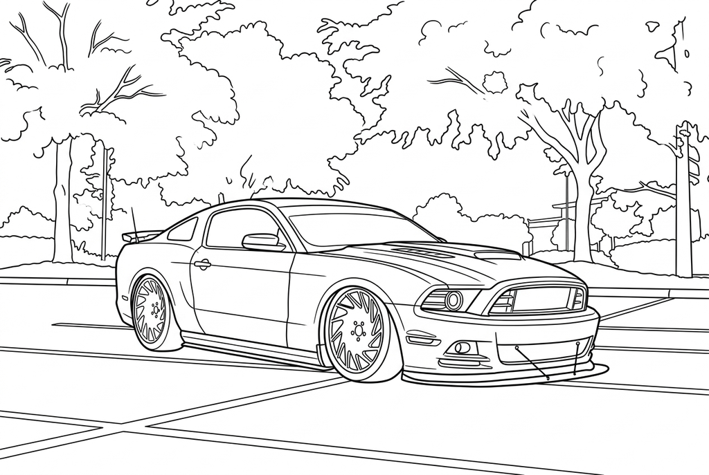 Real classic simple AI drawing of a parked sports car beneath trees