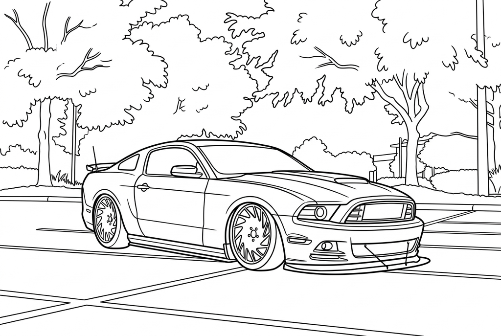 Real comic medium AI drawing of a parked sports car beneath trees