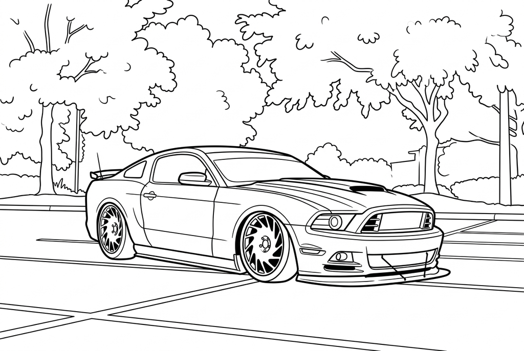 Real comic simple AI drawing of a parked sports car beneath trees