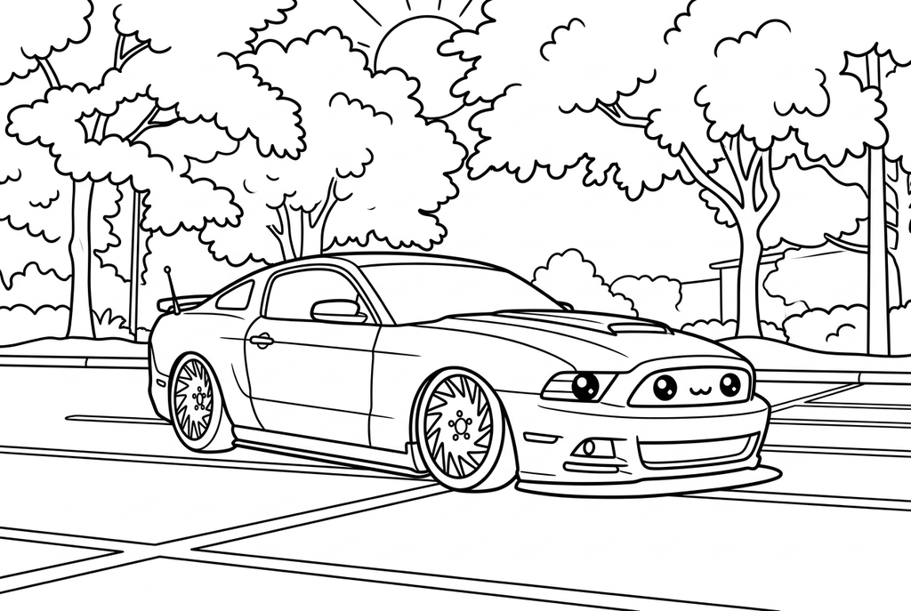 Real kawaii simple AI drawing of a parked sports car beneath trees
