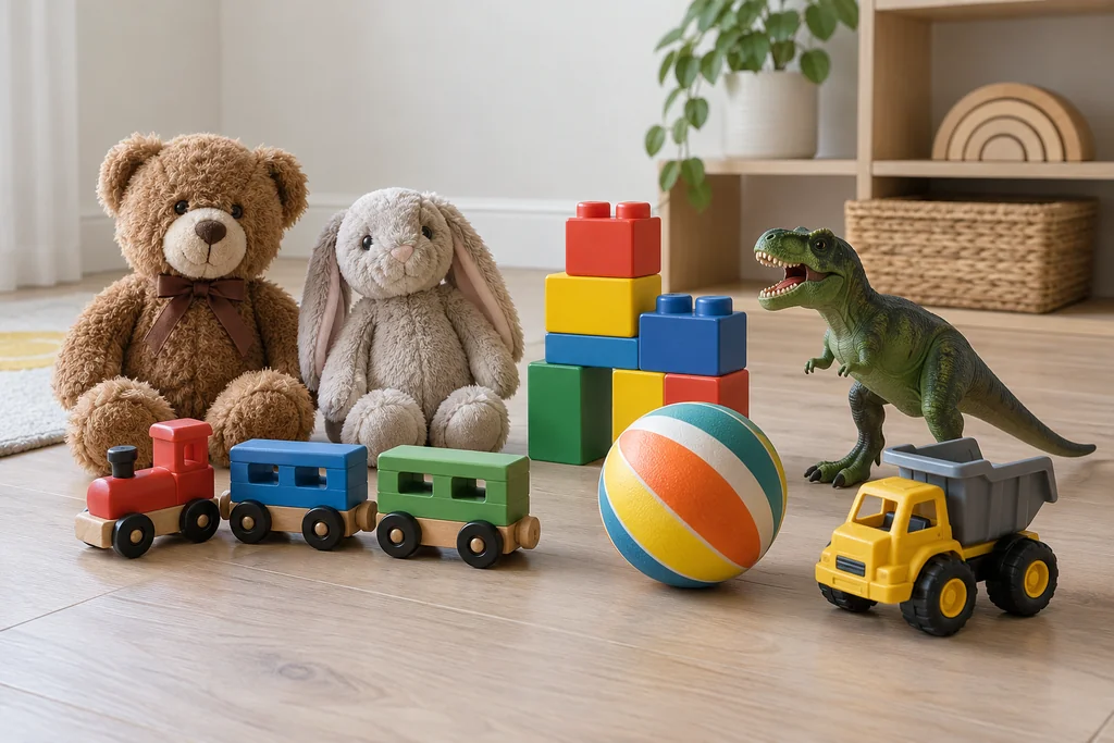 A plush bear and rabbit, wooden train, blocks, striped ball, dinosaur and dump truck on a wooden floor