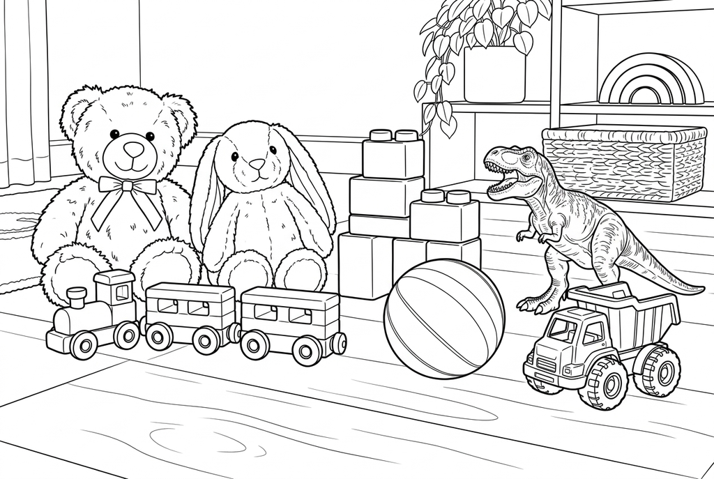Real classic detailed AI drawing of a group of toys on a wooden floor