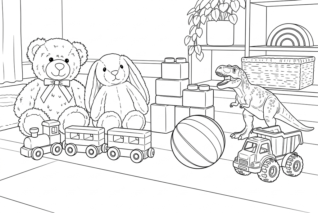 Real classic detailed AI drawing of a group of toys on a wooden floor