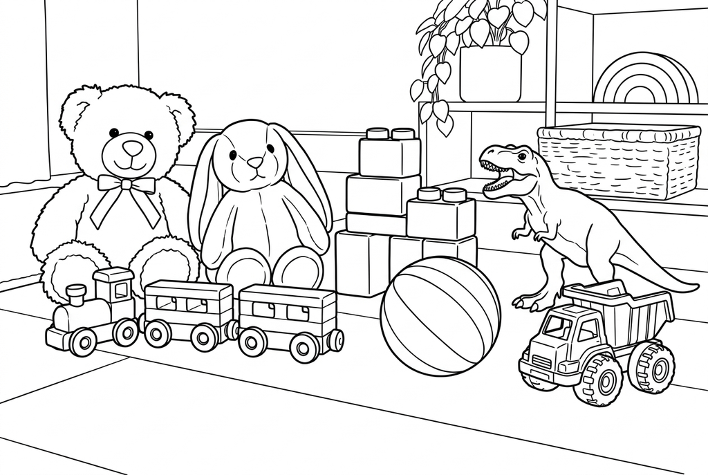 Real AI drawing of the bear, rabbit, train, blocks, ball, dinosaur and truck with the room retained
