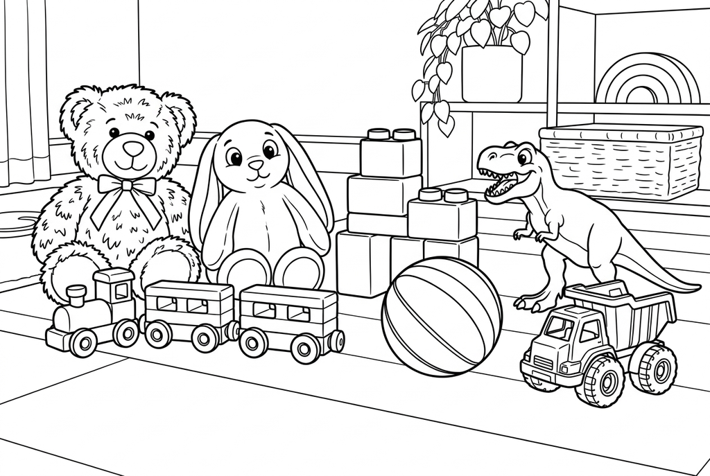 Real Comic AI drawing of a bear, rabbit, train, blocks, ball, dinosaur and truck in a room